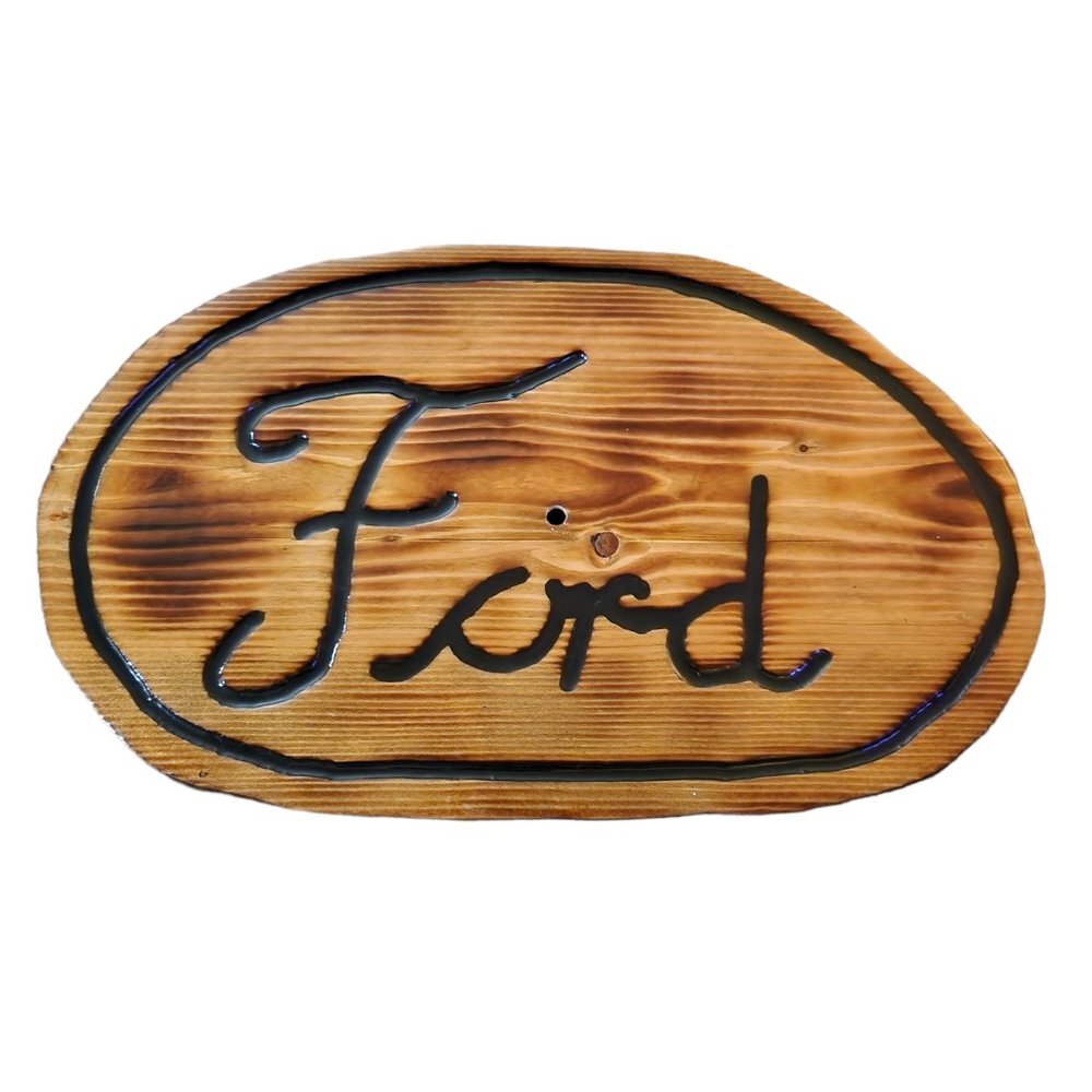 Ford Sign Rustic Wood Burned Man Cave Garage Wall Art Decor 14.5 x 9 x 1 Glossy
